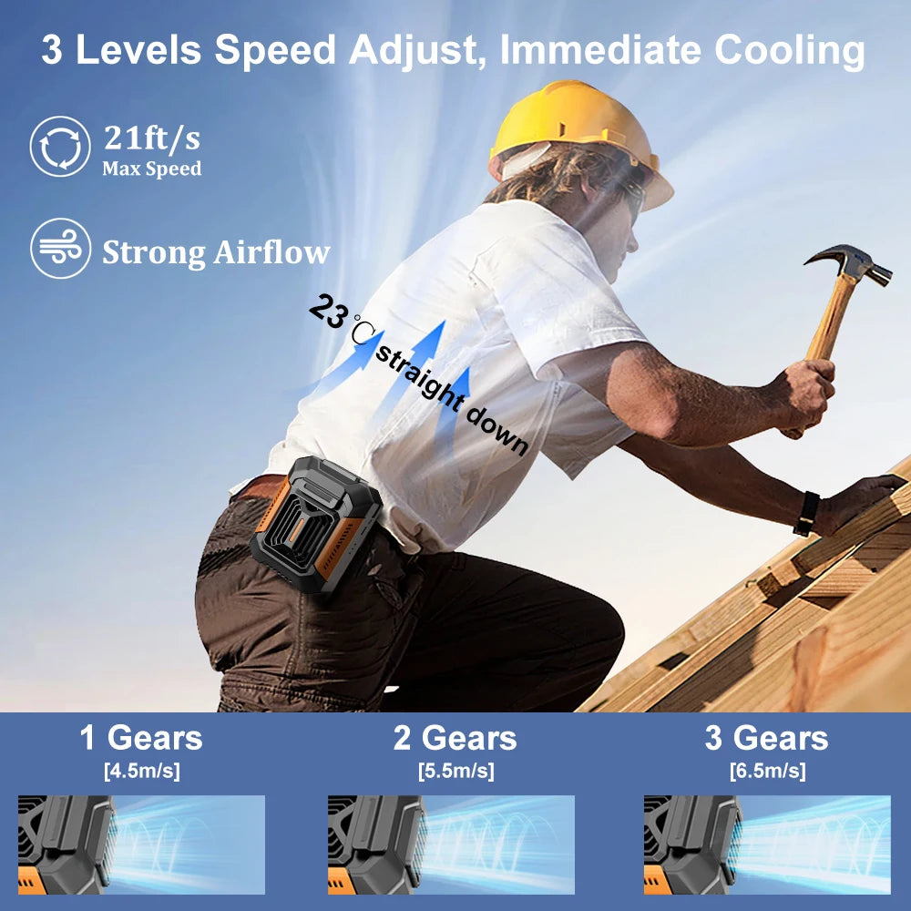 Portable Waist Fan, Shirt Fan Rechargeable Speed Powerful Belt Fan with RPM Personal Cool Clip Fan